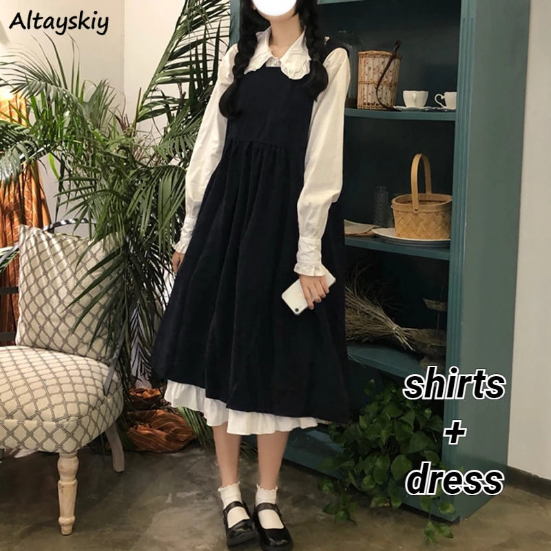 

Women 2 Pieces Sets Midi A-line Dresses Peter Pan Collar Shirts Kawaii Retro Preppy Japan Style Mujer Outfits Ins Tender Girlish