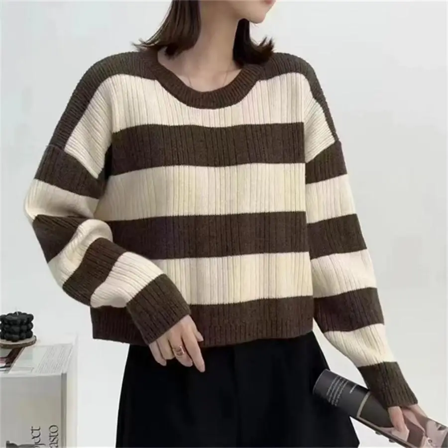 Maglione casual allentato dimagrante colore contrasto girocollo pullover lavorato a maglia maglione a righe donna tutto abbinato