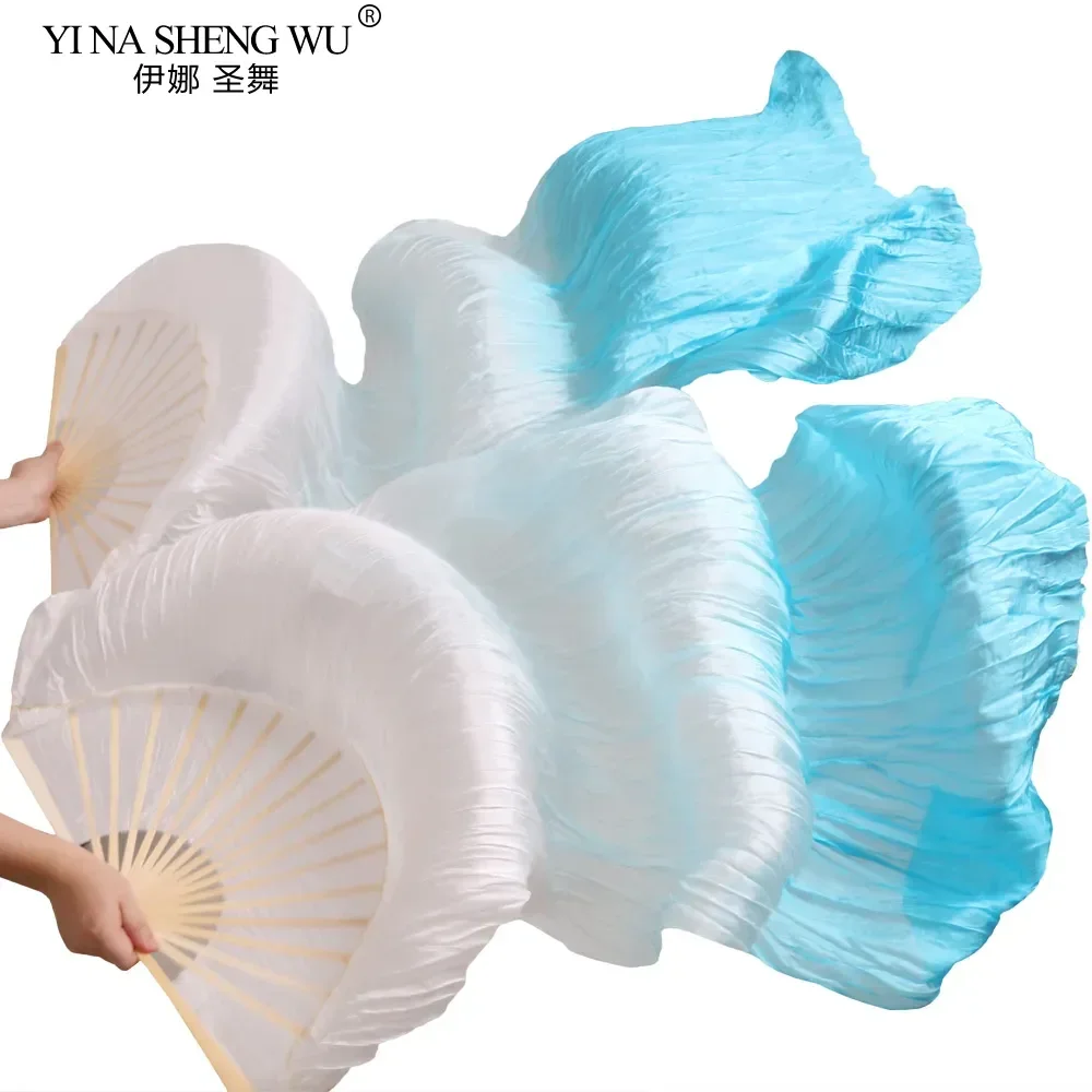 مبيعا 100% مراوح الحرير الحقيقي 1 زوج اليدوية مصبوغ للجنسين جودة الحرير مراوح الرقص الشرقي الرقص الدعائم الأبيض + الفيروز 5 أحجام #1