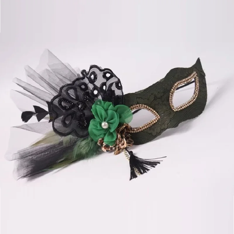 

Olive Green Half-Face Beauty Goddess Side Flower Mask, Elegant And Fashionable Mask For Adult Feather Halloween Party