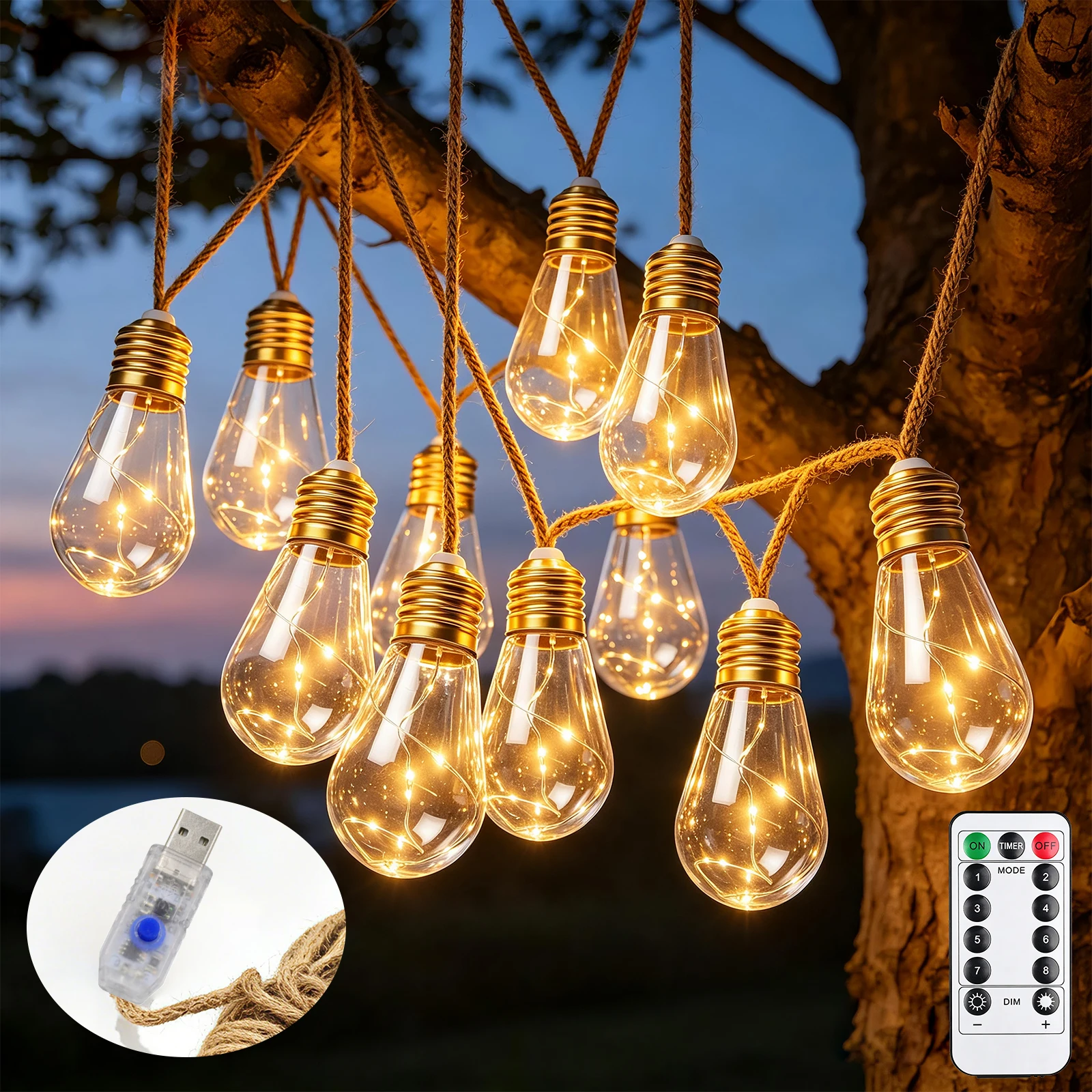 Outdoor Waterproof Papaya Bulb String Light USB/Battery/Solar Light Lamp Hemp Rope Bulb Fairy Lights for Patio Party Decor