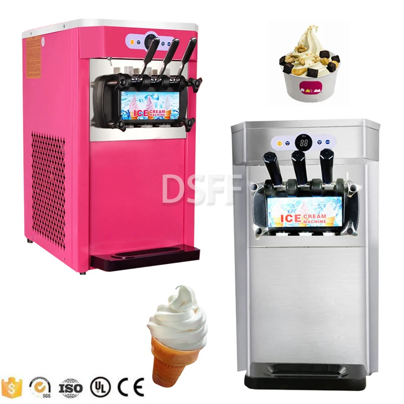 

Commercial Soft Ice Cream Machine With Three Flavors, Vertical One Key Defrosting Strawberry Sundae Machine