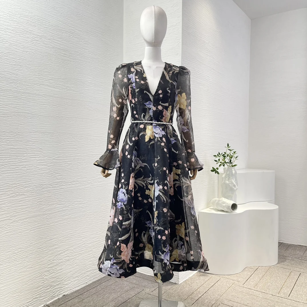 Blue 2025 New High Quality Women Summer Collection Linen Silk Full Sleeve Floral Print Women Black Midi Dress