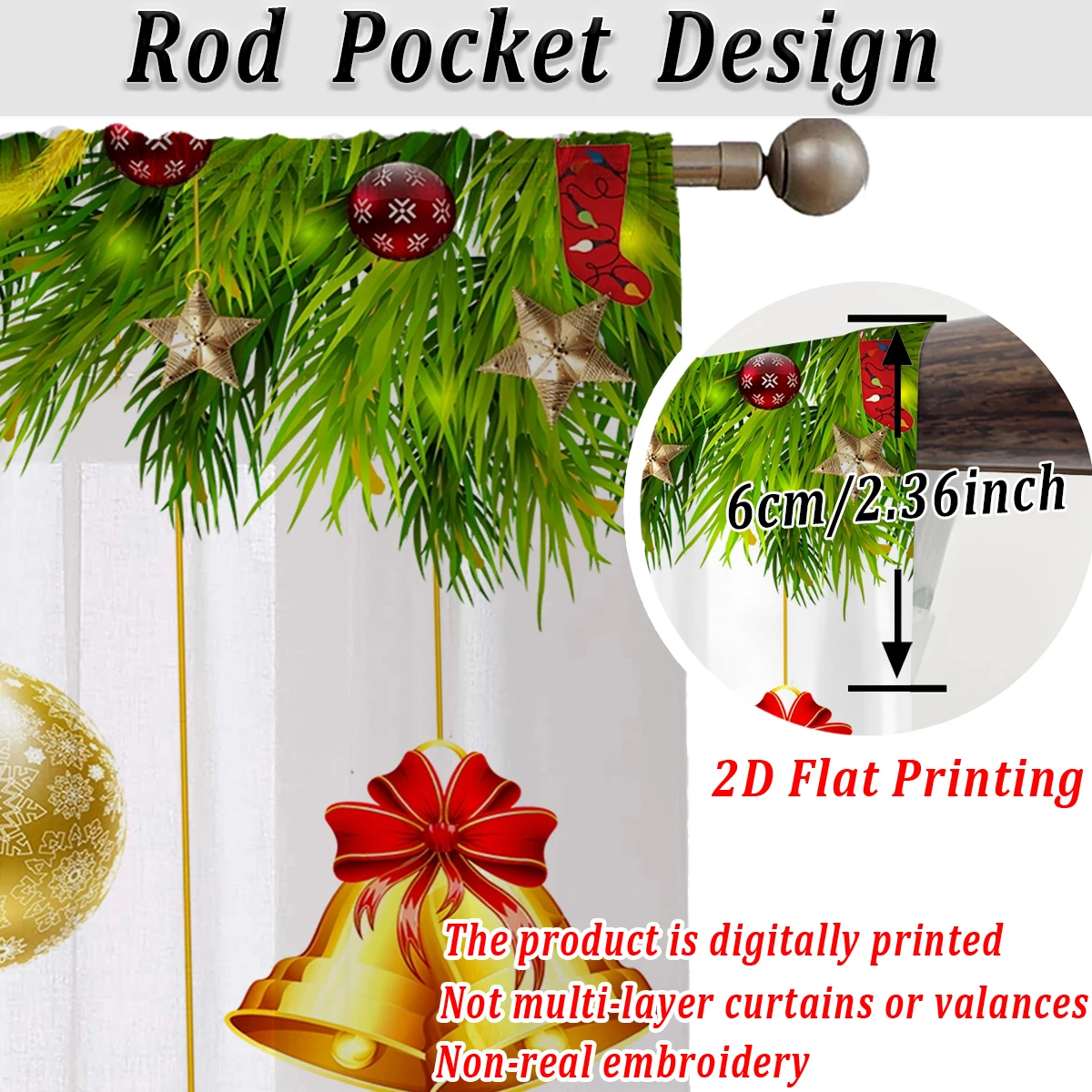 Christmas Flat Printing Sheer Curtain with Christmas Ball Garland Bell Pine Branches for Living Room Bedroom Decor Holiday Party