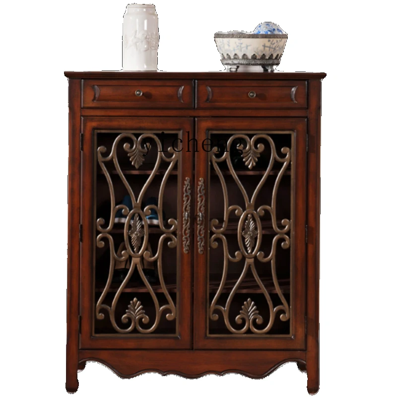 

Shoe Cabinet Household Vintage Solid Wood Wall-Mounted Integrated Entrance Cabinet Home Storage Cabinet