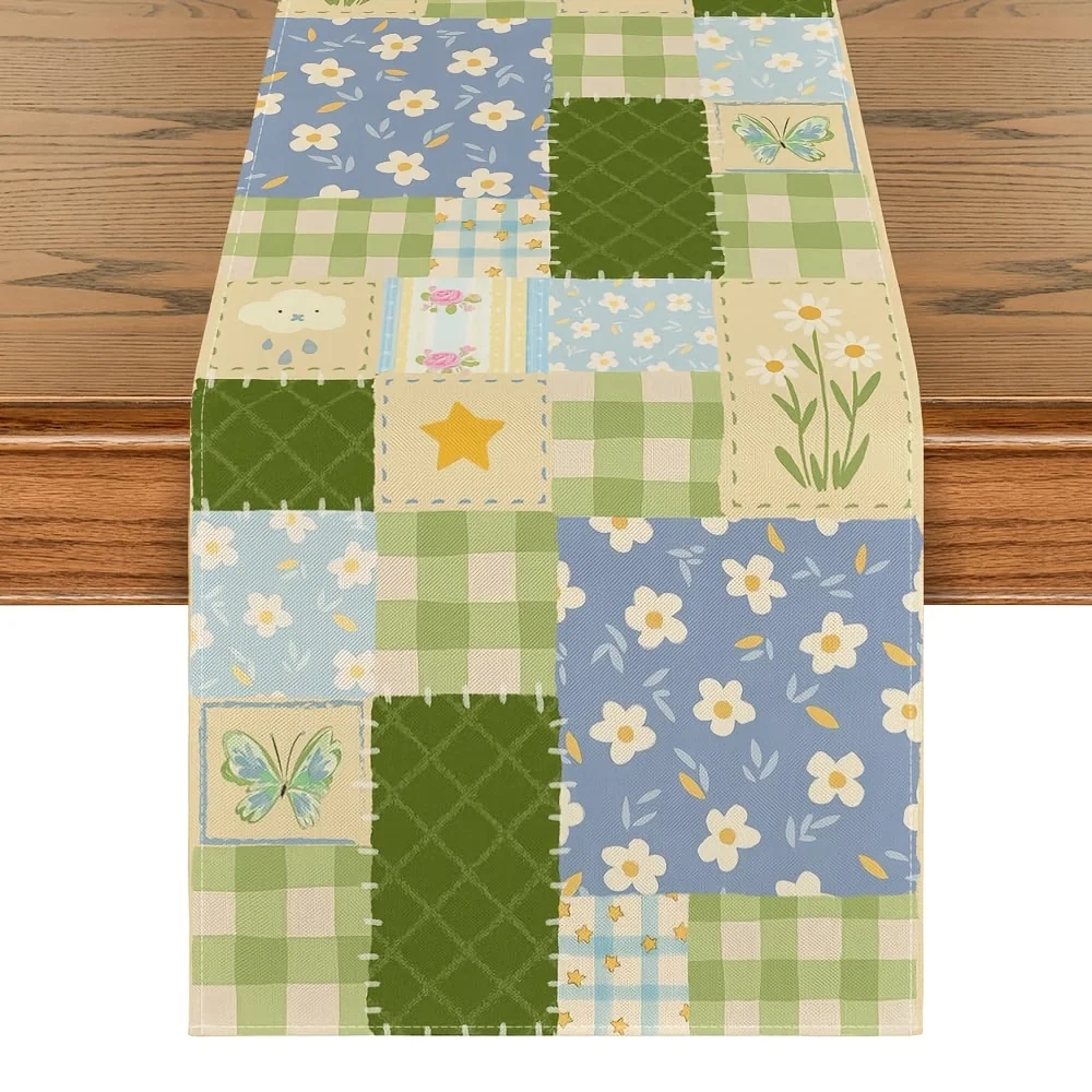 Patchwork Buffalo Check Floral Table Runner - Multi-Size Navy Border Rectangular for Farmhouse Kitchen Spring Summer Party Decor
