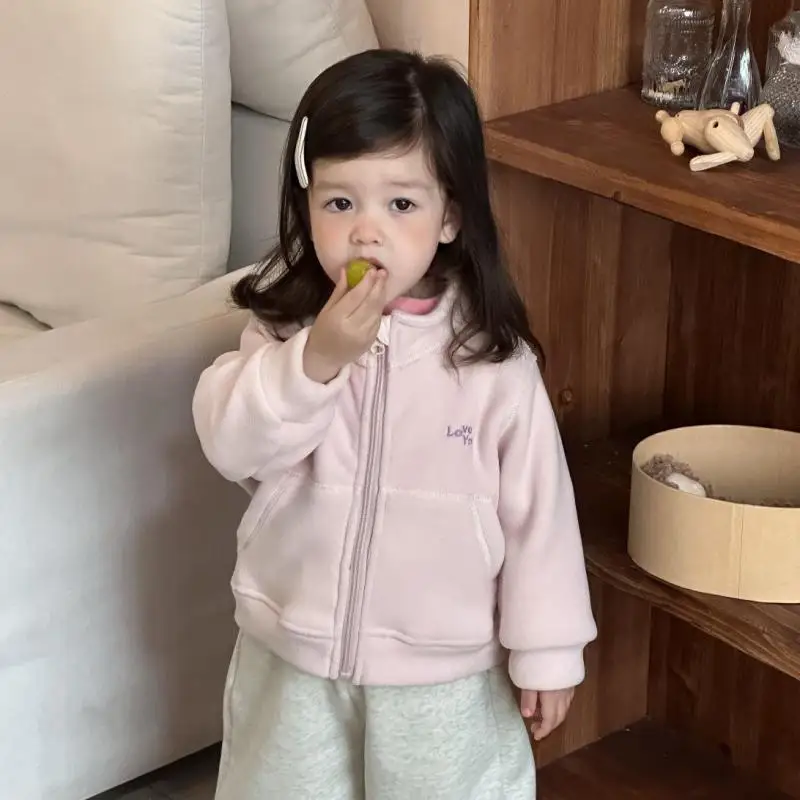 

2025 Winter New Baby Long Sleeve Warm Coat Plus Velvet Thick Girls Casual Cardigan Solid Toddler Zipper Jacket Children Clothes