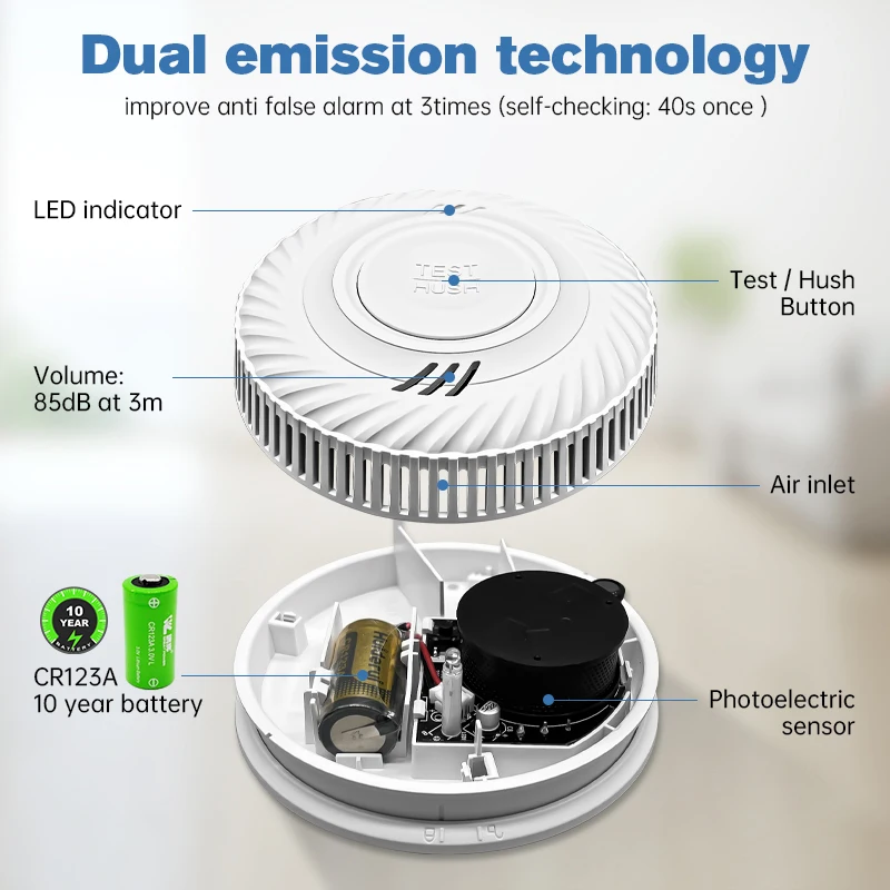 Detektor asap baterai 10 tahun bawaan, Sensor Alarm suara api, toko dapur, ruang anak, ruang tamu, fungsi WiFi