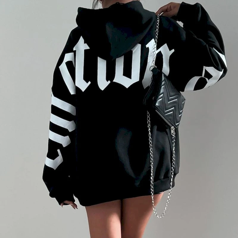 Gothic Graphic Hooded Sweatshirts Women Oversized Hoodies 2023 Autumn Y2k Streetwear Aesthetic Long Sleeve Loose Tops Female