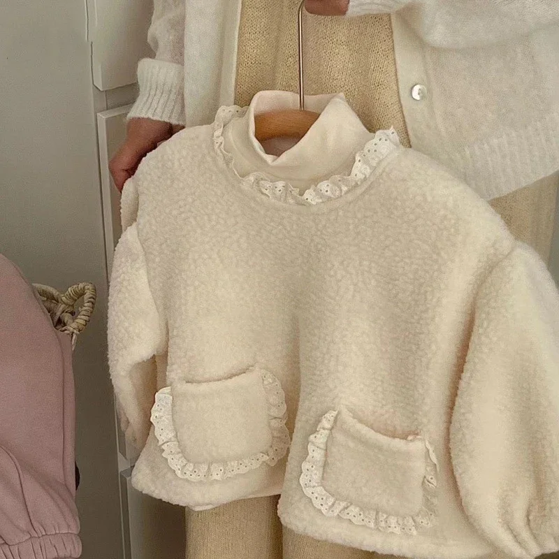 

Kids Girls Cute Fleece Hoodies Ruched Lace O-Neck Long Sleeve Loose Pullover Sweatershirt 1-6Y Children Versatile Tops Shirt
