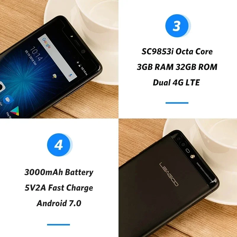 Leagoo-T5C 4G LTE Mobile Phone, SC9853 Octa Core, 3GB RAM, 32GB RO, 13.0MP + 2.0MP Dual Cameras, Android 7.0, 5.5 \