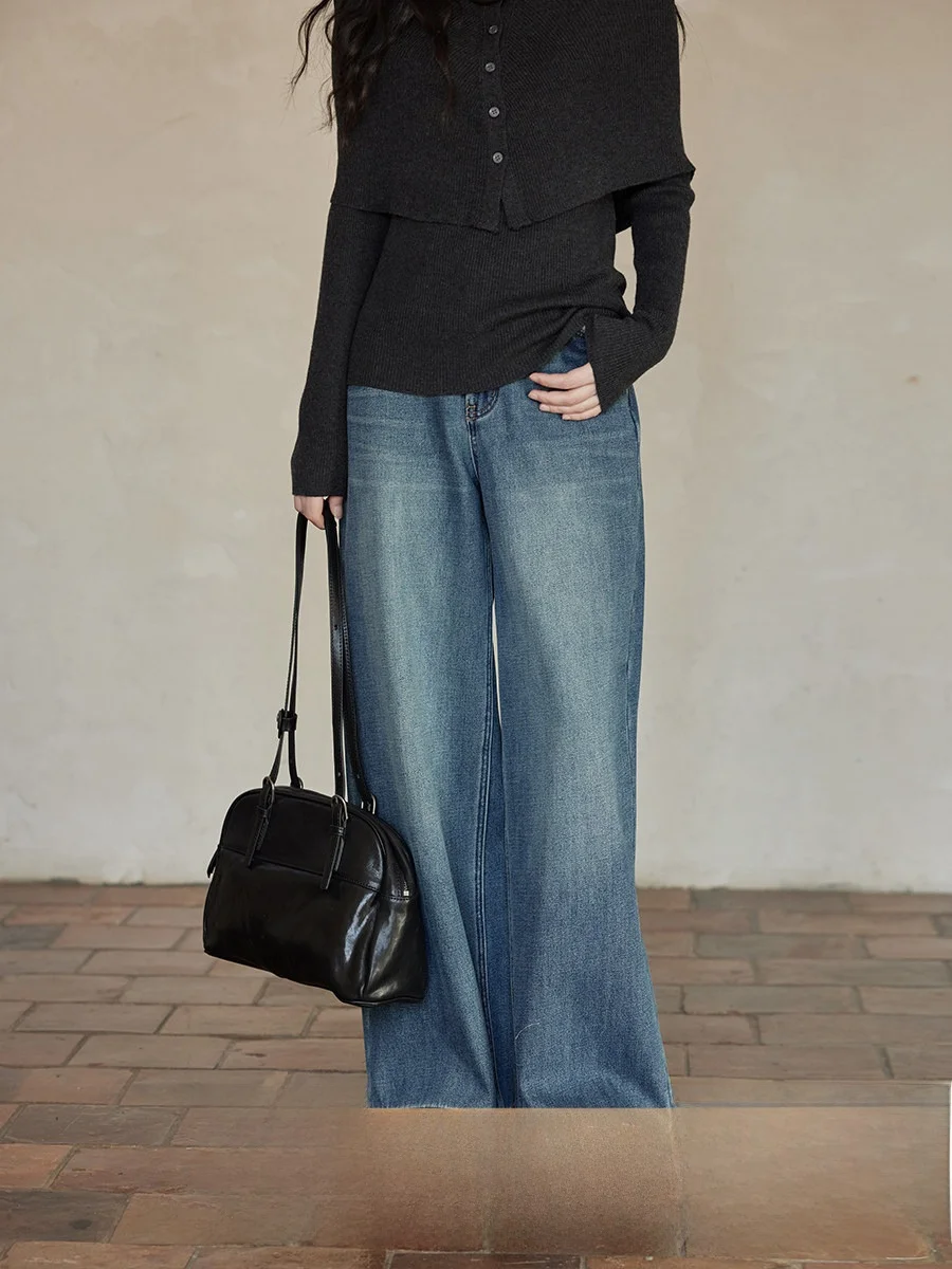 

Женские джинсы Ele с высокой талией и широкими штанинами, корейский стиль, зимняя новинка, премиум-качество, из хлопкового денима, прямой крой, для повседневной носки