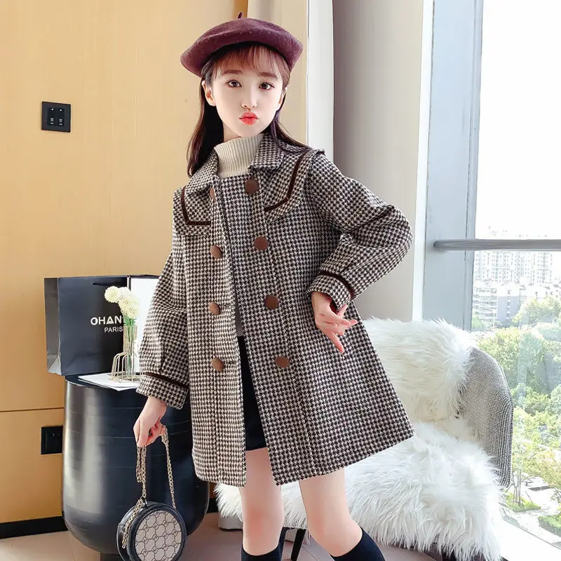 Girls Long Plaid Jackets 3-14 Year Kids Winter Warm Wool & Blends Trench Coats Fashion Breasted Outerwear Children Overcoat