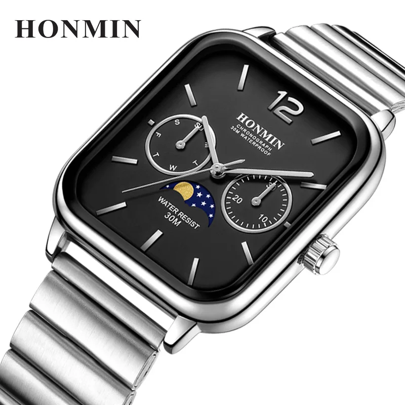 Brand moon phase small square multi-function watch men's watch women's watch waterproof steel belt quartz watch trend