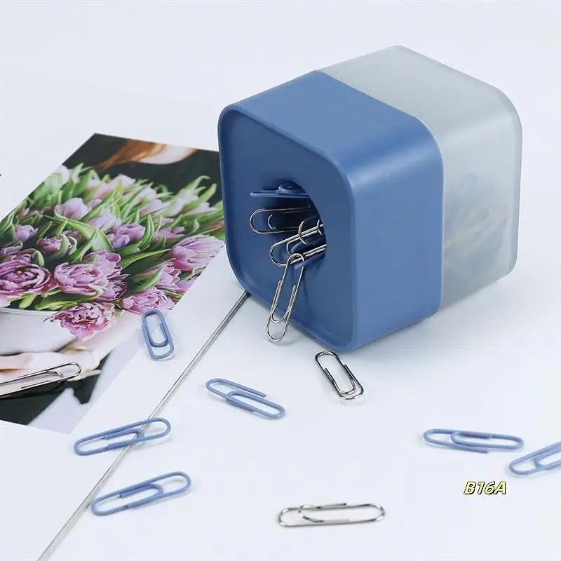 New Two-Color Paper Clips In Elegant Magnetic Frosted Square Clip Holder, 28Mm, 130 Clips Per Box Easy Install (Sky Blue)