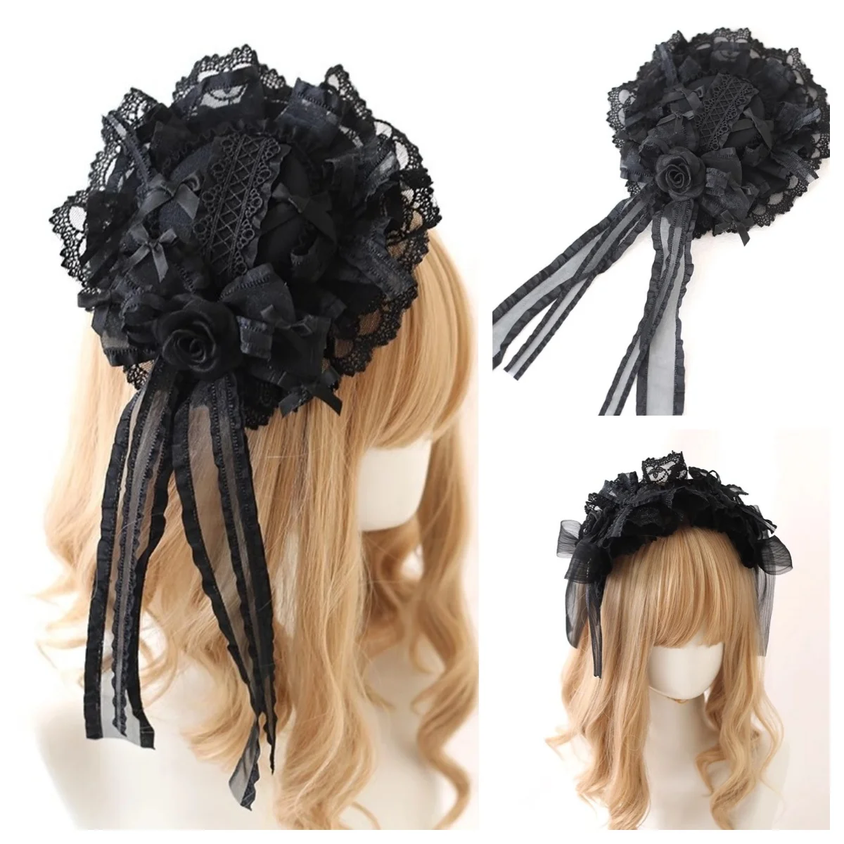 

Original Lolita Black Mood Limited Headband Gothic Lace Bow KC Small Hat Sweet Flower Ball Hairpin Halloween Dark Headpiece