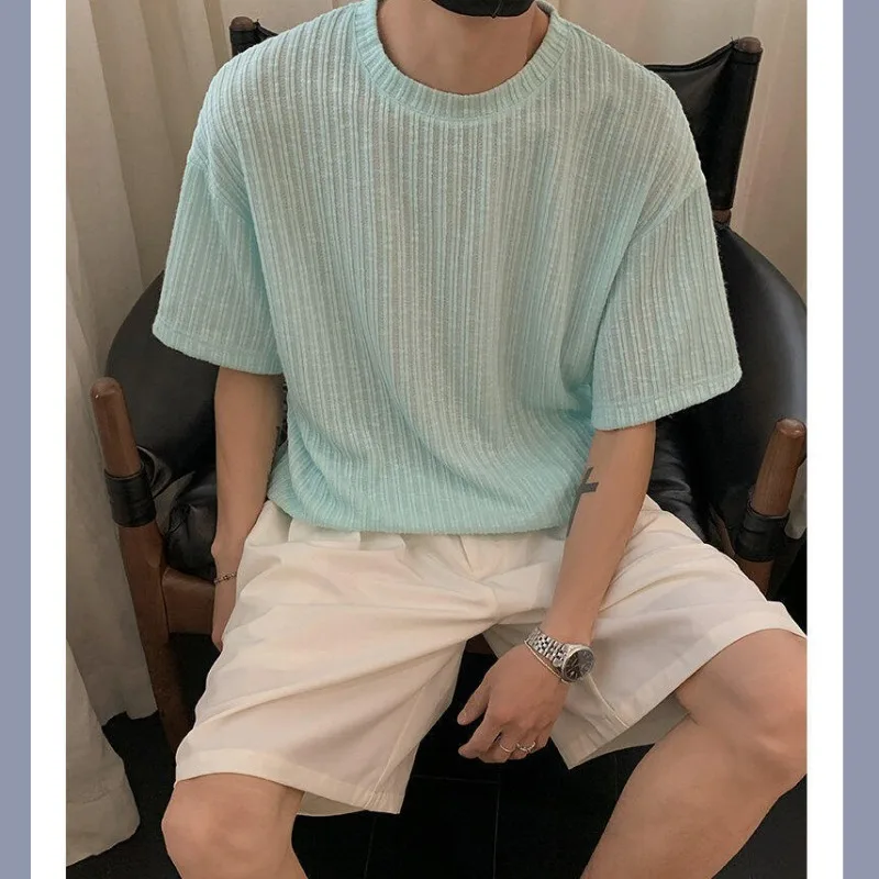 Texture Vertical Stripe Ice Silk T-shirt for Men Summer Thin Hanging Short Sleeved Pullover Tops Rugged Handsome T-shirts Soft
