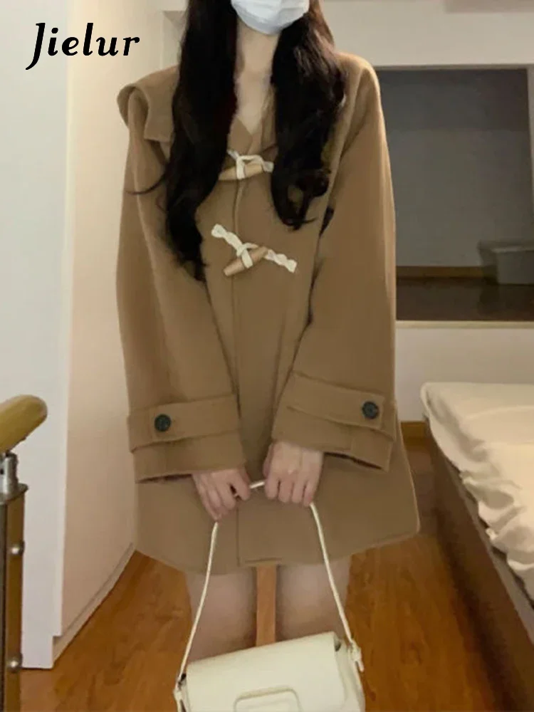 Jielur Hooded Vintage Loose Casual Women Trench Fashion Button Pockets Chic Sleeve Female Trench Streetwear Office Ladies Top