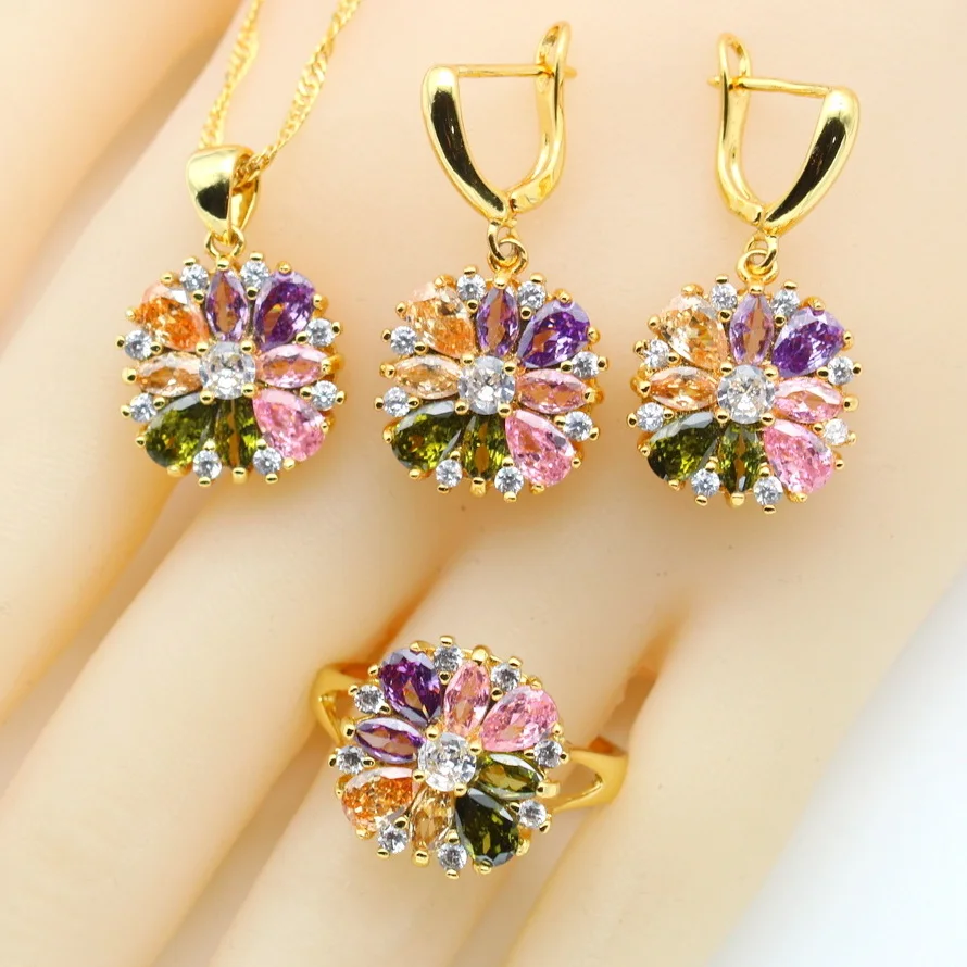 Multicolor Zirconia 925 Silver Jewelry Sets for Women Wedding Crystal Necklace Pendant Earrings Ring Party Gift