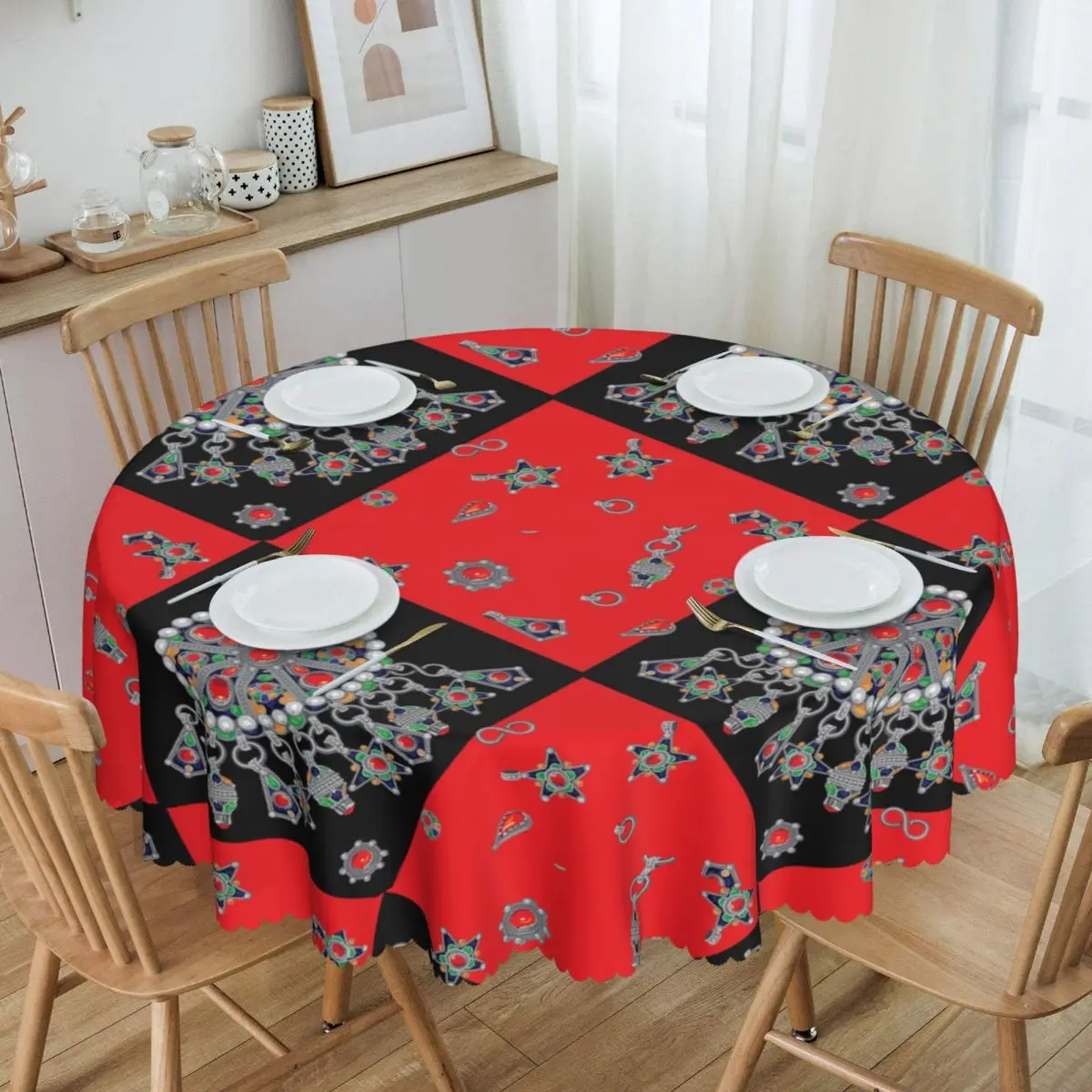 Custom Kabyle Jewelry Tablecloth Round Waterproof Amazigh Carpet Morocco Table Cover Cloth for Party 60 inches