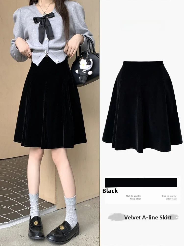 

Gold Velvet A-Line Skirt Women's High Waist Autumn Winter New Style Commute Slimming Casual Mid-Length Skirt