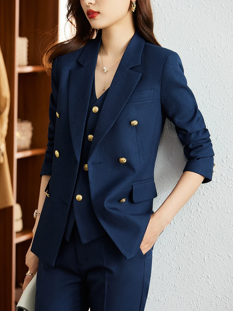 Autumn Winter Women Vest Blazer and Pant Suit Orange Navy Khaki Office Ladies Formal Business Work Career Wear 3 Pieces Set