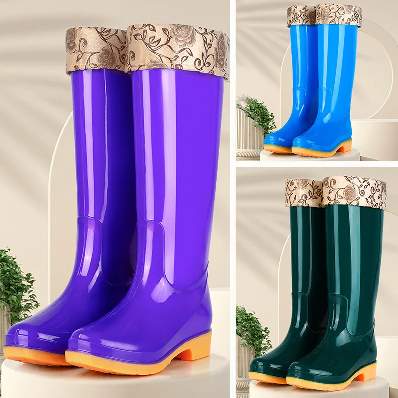 Women's High-Tube Fleece Lined Woman Rain Boots No-Slip Wear-Resistant Warm PVC Material Bottom Labor Protection Women's Shoes