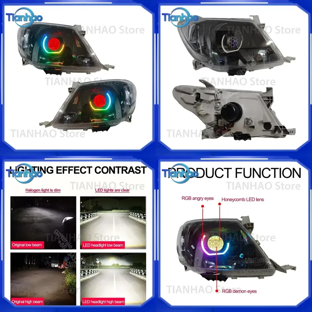 RGBW Angry Eyes LED Headlights with High Low Beam and Turn Signal for 2005-2011 Toyota Hilux Vigo Pickup Auto Lighting System