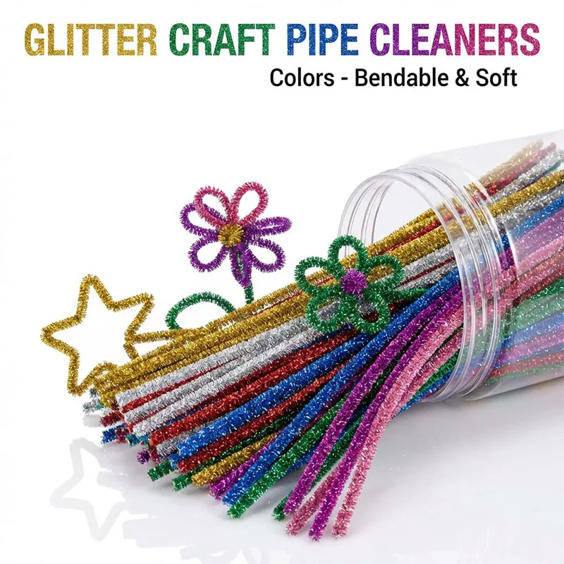 50/100PCS Glitter Pipe Cleaner Chenille Stems Kindergarten Handmade Material Art Craft Christmas DIY Projects