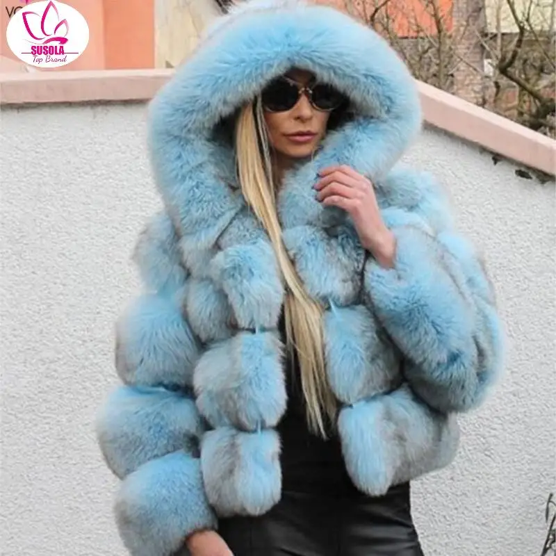 SUSOLA Women Trend Luxury Faux Fur Coat Hooded Autumn Winter Warm Overcoat Woman Warm Fake Fur Solid color Coats Female Ladies