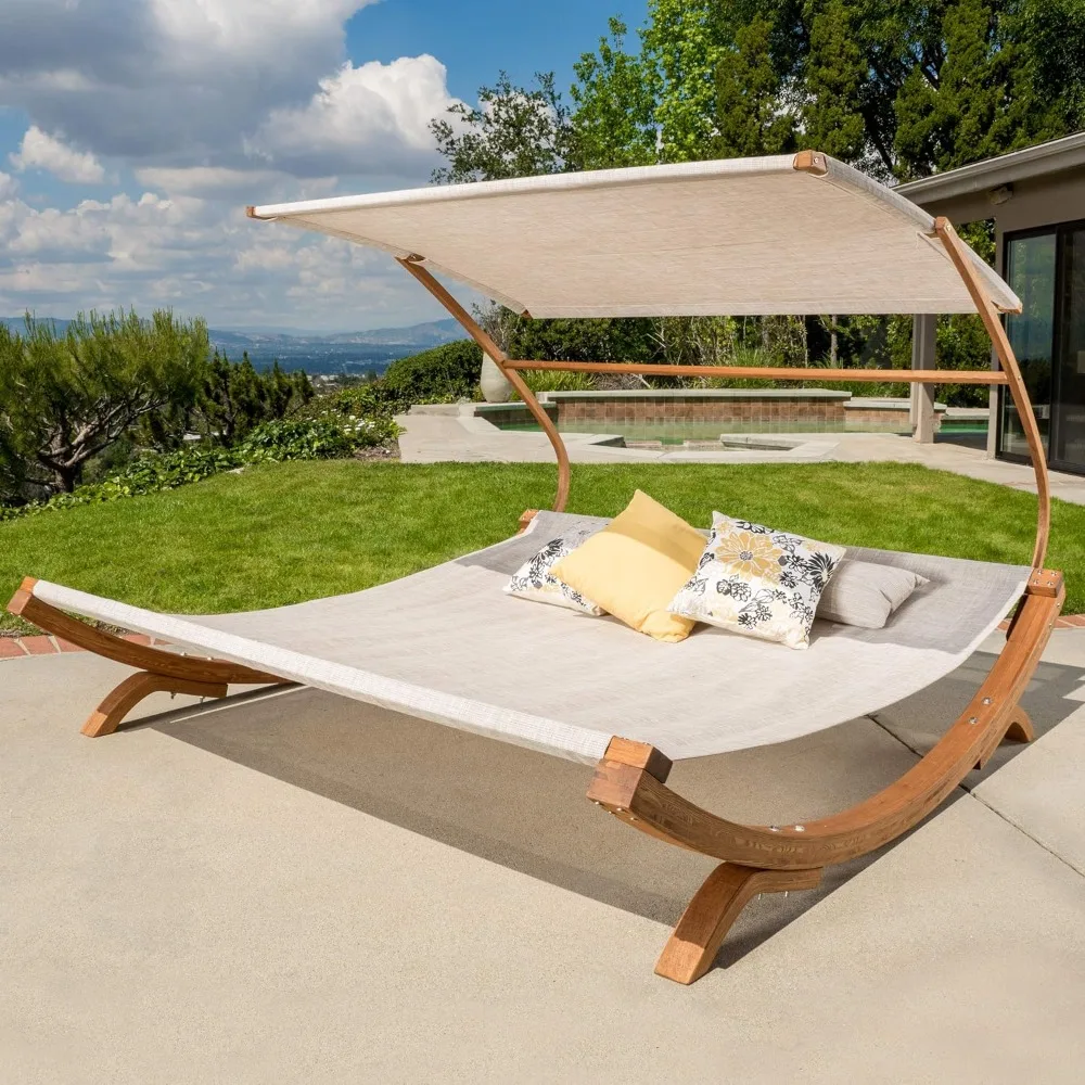 Outdoor Patio Lounge Daybed Hammock with Adjustable Shade Canopy, Teak Hammocks