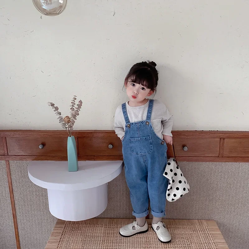 Fall Spring Denim Baby Girl Boy Overalls Solid Jeans Jumpsuit Pocket Children Casual Loose Rompers Blue Kids Overalls Outfits