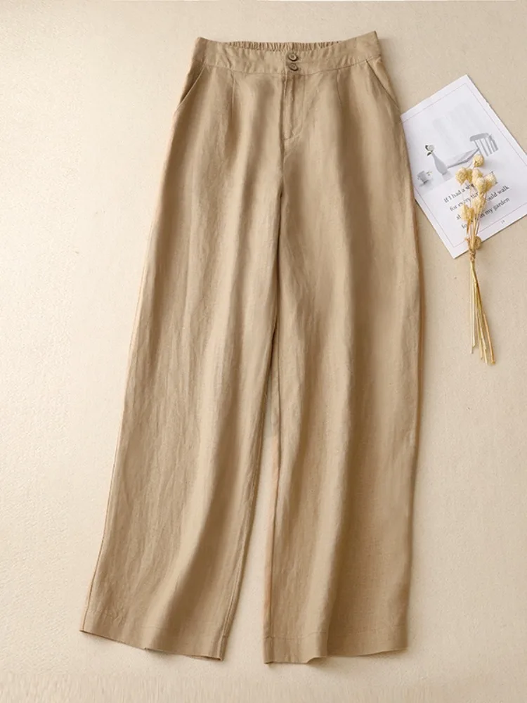 Letnie damskie spodnie z wysokim stanem, szerokie nogawki, lniane, luźne, codzienne spodnie, wyszczuplające, proste, bawełniano-lniane, długie spodnie typu skinny.