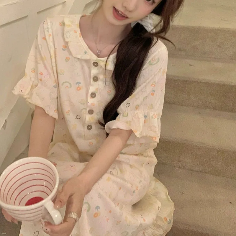 Women Nightgown Floral Print Sleepwear Short Sleeve Night Wears Nightgowns Home Sleeping One Piece Pajamas Dress Robe 2024 New