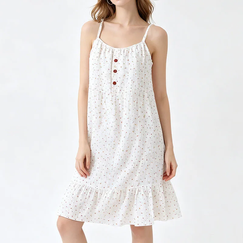 Women Floral Printed Nightgowns Soft Cotton Lady Casual Loose Comfortable Home Dress Summer Female Spaghetti Strap Sleepwear