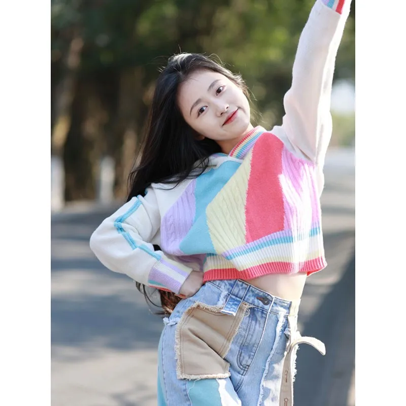 Rainbow Striped Hooded Sweater Pullover Women Stylish Streetwear Fashion Chic Crop Tops 2023 Autumn Winter Long Sleeve Knitwear