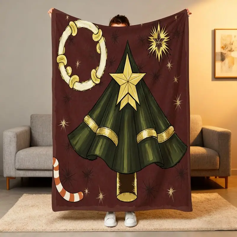Top Pick Cozy Dark Red Christmas Blanket - Tree Star Candy Cane Design All-Season Holiday Sofa Bed Throw