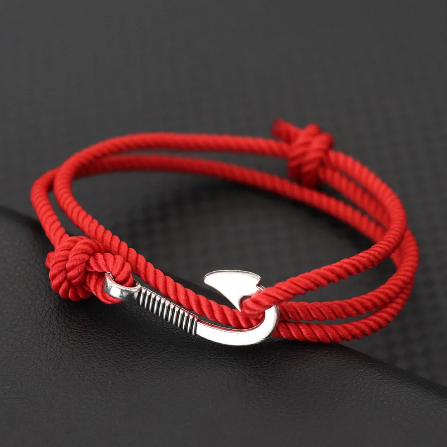 Double Layer Adjustable Men Casual Bracelet With Fishing Hook Charm Grade A 3mm Rope Good Luck Red Thread Braslet Nautical Joias