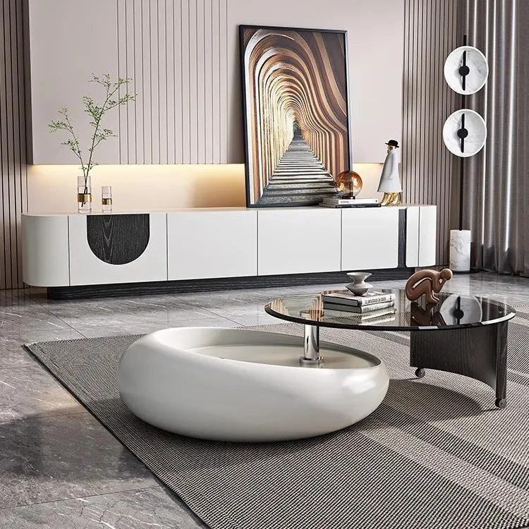 Rotating, cream wind, coffee table, small apartment, tempered glass, coffee table, leisure