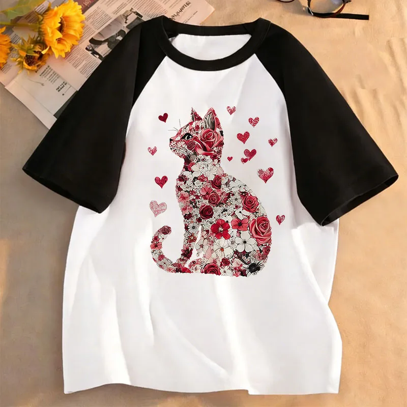 Niedliche, lustige T-Shirts mit Liebesherz und Katze, Kinder-T-Shirt für Jungen und Mädchen, Sommer, Frühling, lässiges Top-T-Shirt
