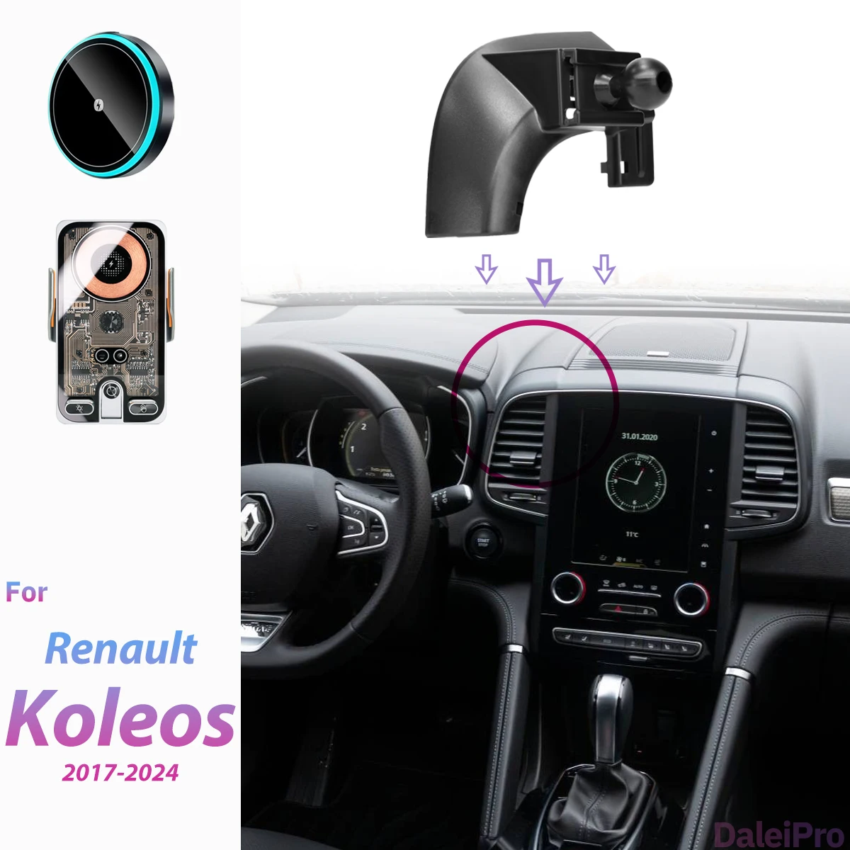 Für Renault Koleos 2017-2023 2024 Samsung QM6 Auto-Handyhalterung Kabelloses Ladegerät Automatische Klemmung Starker Magnetischer Halter