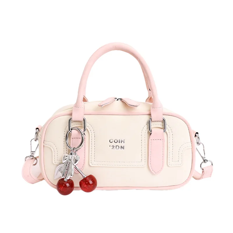 Women Bowling Handbag With Cherry Charm Pendant Portable Top‑handle Crossbody Shoulder Bag Casual Daily Commuter Ladies Purse