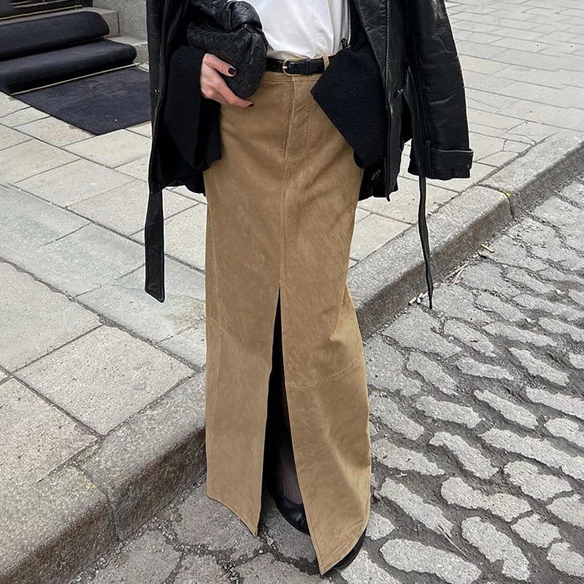 

2025 Winter Classic Knitted Suede High Waist Slim Straight Skirt European and American Versatile Sexy Split Casual Skirt Women