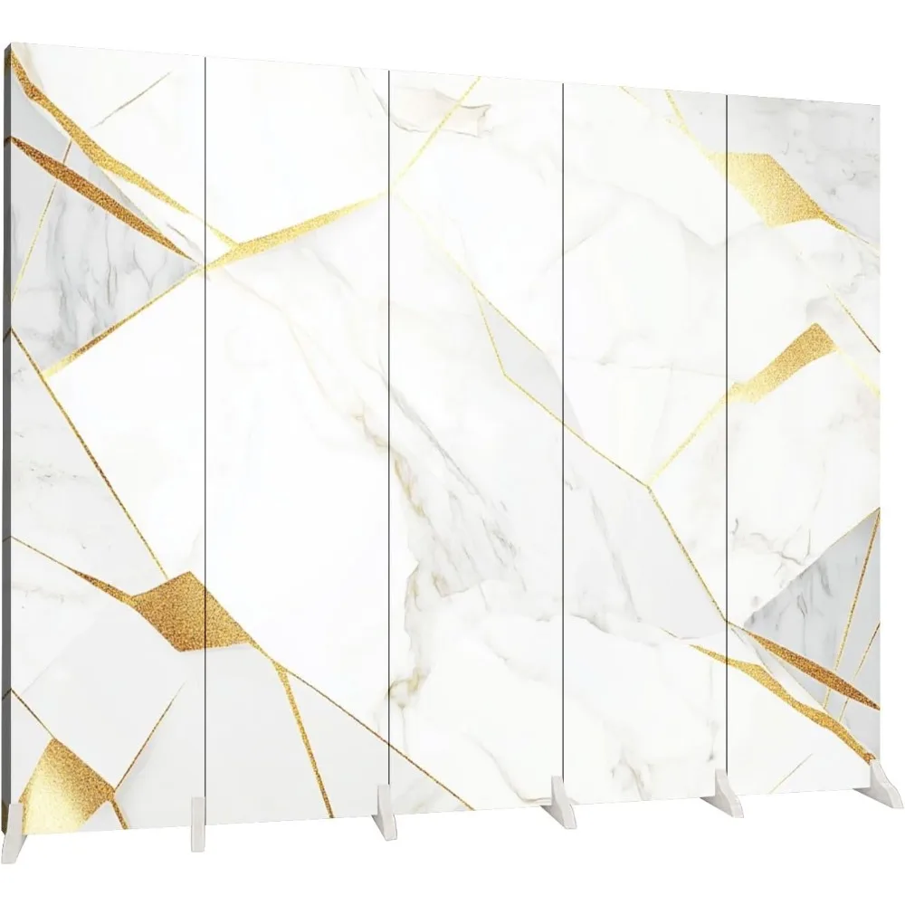 5 Panels Folding Screen Room Divider Abstract Polygonal Pattern Luxury White Gold Canvas Screen Indoor Separator Freestanding