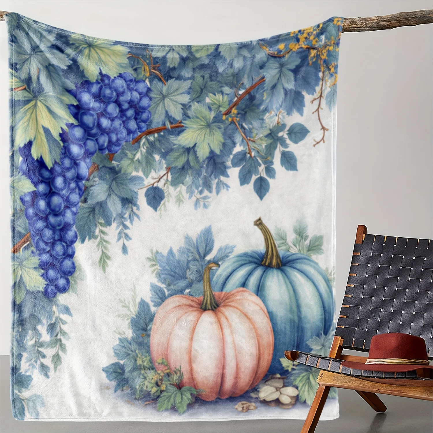 1pc Sdoo Flannel Blanket - Soft Warm Throw with Vintage Fall Harvest Design (Grapes, Pumpkins, Leaves) - All-Season Couch, Bed,