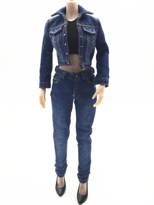 1/6 Scale Clothes Female Blue Denim Coat + Vest + Jeans + Shoes Model for 12