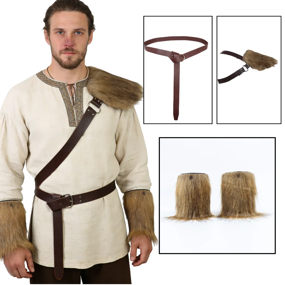 

Средневековый набор: меховые наплечники и пояс в стиле викингов, идеально подходящий для ролевых игр, косплея и аксессуаров.