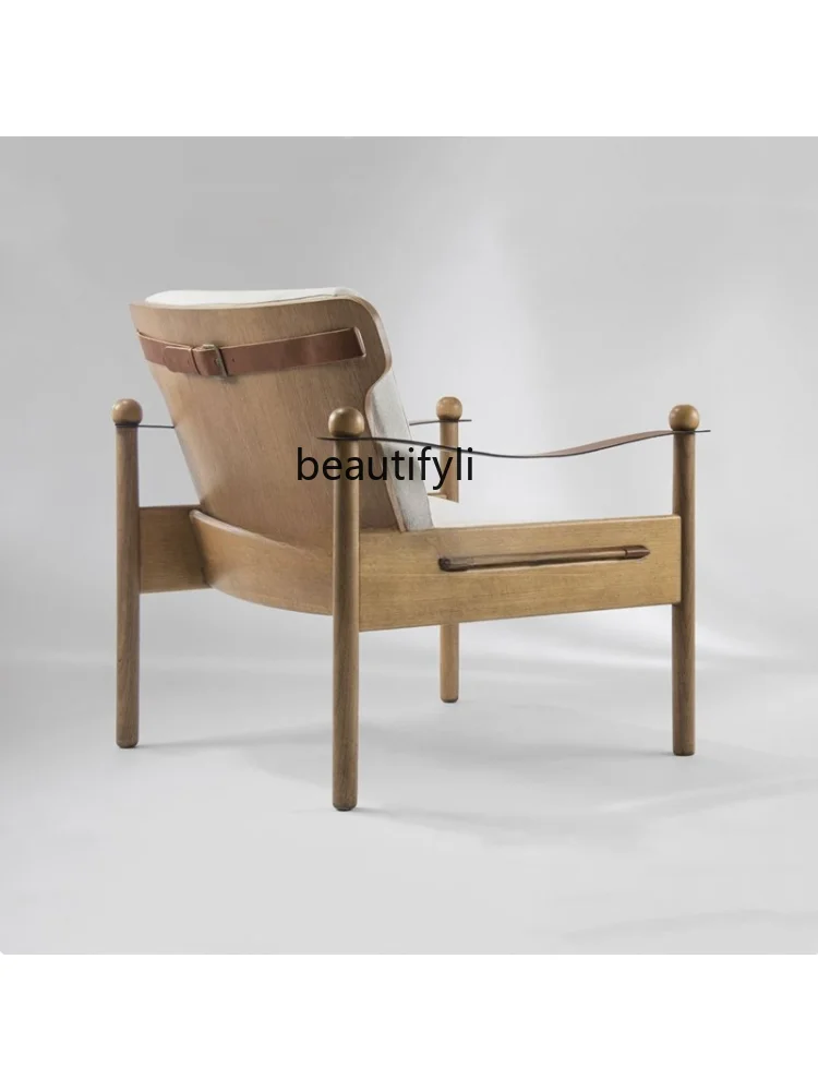 Nordic  Solid Wood Single-Seat Sofa Chair Retro Leather Fabric Leisure Chair Exhibition Hall Sales Department Reception Chair