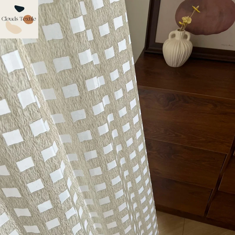 

Custom Size！！Modern Grid Yarn Light-shadow Ancient Style Transparent Guest Window Curtains for Living Dining Room Bedroom Decor