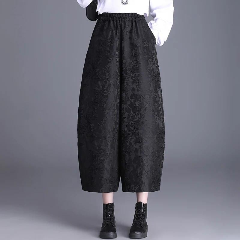 High-End Fleece Lined Embroidered Wide Leg Pants Women's Casual Bootcut Pants Autumn Winter plus Size Slimming Nine-Piece Blo...